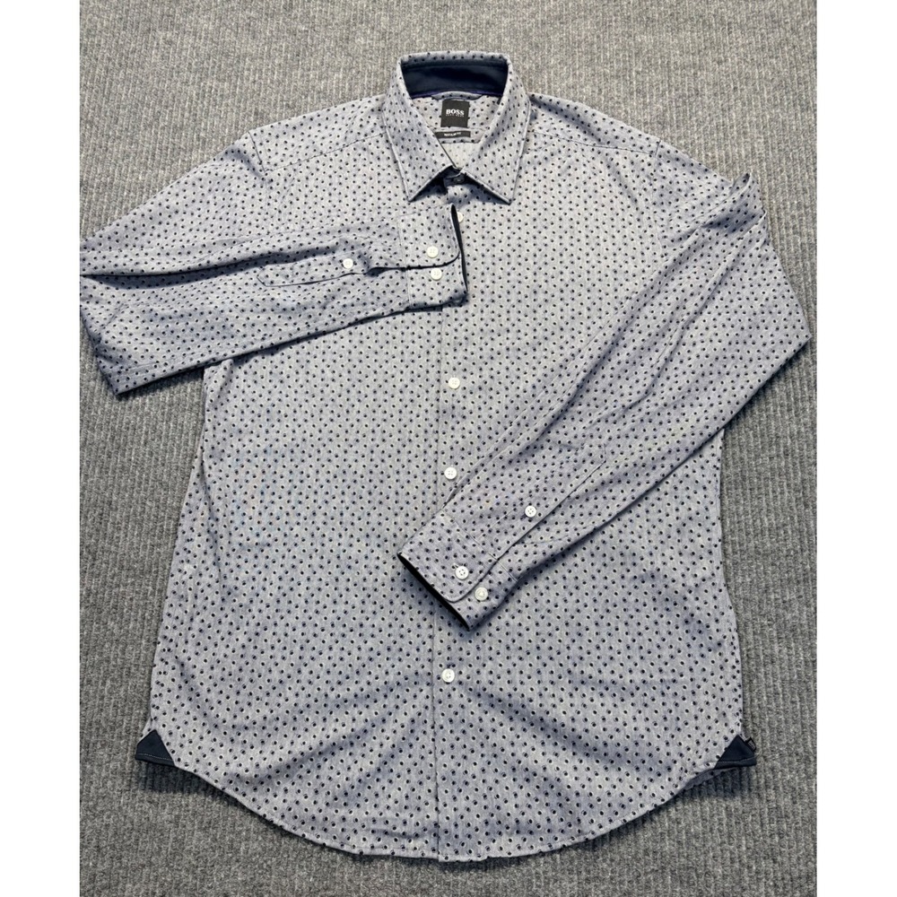 Hugo Boss Regular Fit Shirt Mens Medium Grey Blue Micro Pattern Long Sleeve